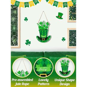 Decorazioni da parete per la festa di San Patrizio, ghirlanda in legno 8 x 21,6 con cartello a forma di cappello verde, ornamento da appendere alla porta d'ingresso. - Product Image 5