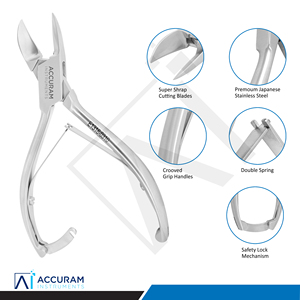 Accuram Coupe-ongles robuste et pince à cuticules, à mâchoires larges et affûtées en acier inoxydable, avec verrouillage arrière, pour podologie - Product Image 2