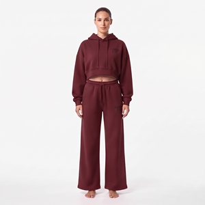 Ensemble deux pièces pour femme : sweat à capuche court et pantalon de jogging large en molleton de coton, couleur unie, décontracté, manches longues, coupe ample - Product Image 2