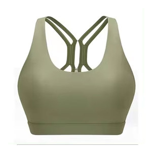 Women Seamless Sports <b>Bra</b> Scoop <b>Neck</b> <b>Halter</b> Strap High Support Yoga Workout Solid Color Olive Green Plus Size Four-Way Stretch - Product Image 1
