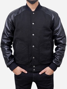 Blousons universitaires pour hommes 2026 en gros – Blousons Letterman personnalisés en mélange de laine noir avec manches en cuir - Product Image 5