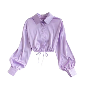 Blusa de Satén Morado para Mujer, Manga Larga, Corte Recortado, Cuello con Lazo, Tejida, Informal - Product Image 1