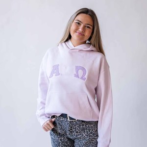 Alfa |   Sudadera con Capucha Omega Bordada para Mujer, Color Rosa, Talla Grande, Logotipo Frontal en Tela Tackle Twill, Sudadera Casual de Felpa para Otoño - Product Image 1