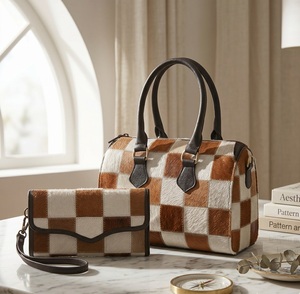 Luxury Checkered Cowhide Duffel Bag with Zipper Closure and <b>Matching</b> Wallet Set - Product Image 2