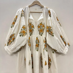 Vestido Midi Casual de Algodón Tejido con Estampado Digital Floral para Mujer, Mangas Abullonadas, Cintura Imperio, Estilo Babydoll, Cuello en V Oversize, Ajuste Holgado - Product Image 1