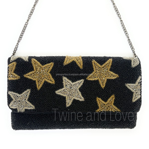 Pochette perlée Starburst noire faite à la main or argent paillettes pliable sac à main de soirée sac cadeau de mariée sangle de chaîne Durable - Product Image 6