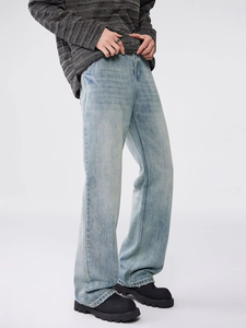 Pantalones Vaqueros con Cierre y Logotipo Personalizado, Estilo Vintage, Casual, Lavados, para Hombre, Corte Holgado, Rectos, Desgastados - Product Image 1