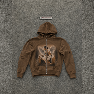 Sweat à capuche zippé décontracté marron avec motif ange, imprimé vintage, en molleton doux, pour le quotidien, streetwear de luxe, mode urbaine - Product Image 5