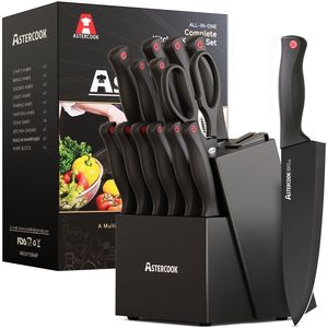 Set di 14 Coltelli da Cucina Neri con Lame in Acciaio Inossidabile Tedesco, Resistenti alla Ruggine e Lavabili in Lavastoviglie, con Affilatore Integrato - Product Image 1