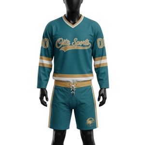 Ensemble short et maillot de hockey sur glace sublimé pour homme, col en V, rayé, vert sarcelle et or, en polyester, uniforme sportif athlétique pour équipe, entraînement - Product Image 1