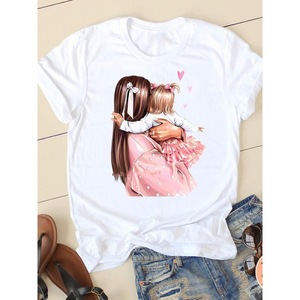 T-shirt blanc à manches courtes et col rond pour femme avec imprimé mère et bébé, décontracté, toutes saisons, tissu jersey 100% coton - Product Image 3
