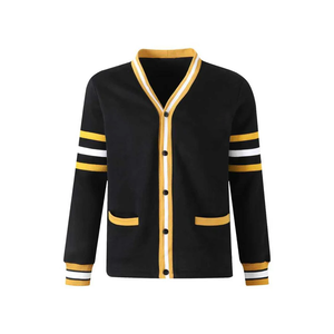 Cárdigan de lana grueso de invierno para mujer, estilo universitario de Alabama State, negro con ribete de rayas blancas y amarillas, botones frontales y bolsillos de parche, clásico. - Product Image 1