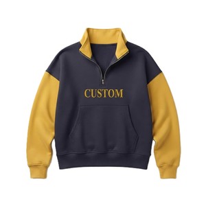 Contrast Sleeve 1/4 Zipper <b>Mock</b> <b>Neck</b> Sweatshirts Women's Custom Embroidered Stand Collar Hoodies Heavy Cotton Drop Shoulder <b>Tops</b> - Product Image 2