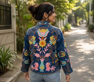 Suzani Embroidery Bomber Jacket Handmade <b>Needlework</b> Women Blue Corduroy Boho Party Wear Bird Motif Side Pockets Vintage Coat - Product Image 3