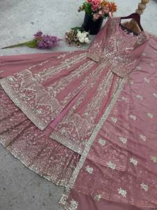 Ensemble de costume Salwar Kameez en mousseline de soie brodée rouge pour femmes, avec dupatta, col en V, coupe ample, vêtements d'hiver - Product Image 4