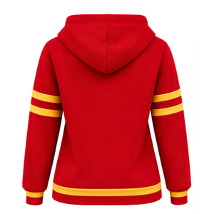 Sudadera con Capucha Bordada PDK para Mujer, Roja y Dorada, con Letras Griegas, Corona de Laurel, Cuello con Abertura, Manga a Rayas, Top de Manga Larga - Product Image 4