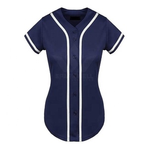 Maillot de baseball imprimé bleu marine pour femme, manches courtes, col en V, boutons sur le devant, coupe classique, 100 % polyester, évacuation de l'humidité, respirant, toutes tailles - Product Image 1