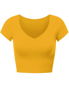 T-shirt en maille respirant à col rond et manches bouffantes, coupe ajustée, couleur unie jaune moutarde, avec ceinture, pour femme, printemps-été - Product Image 5