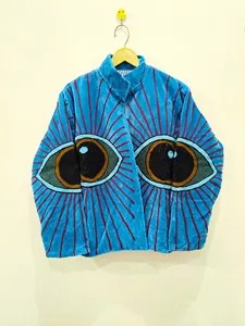 Premium Sky-Blue <b>Velvet</b> Embroidered Suzani Jacket with Evil Eye Pattern Full Sleeve Stand Collar <b>Women's</b> Autumn <b>Coat</b> - Product Image 1