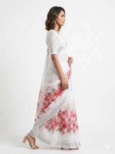 Sari de Lino y Algodón con Estampado Floral Blanco para Mujer, Elegante, Informal, Corte Regular, Largo hasta el Suelo, para Todas las Temporadas, Bengala Occidental, India - Product Image 2