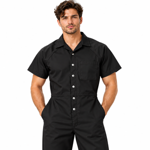 Men's <b>Black</b> Cotton Work Coverall <b>Jumpsuit</b> <b>Short</b> Sleeve Button Front Chest Pocket Breathable Uniform Overall Full Length Pants - Product Image 4
