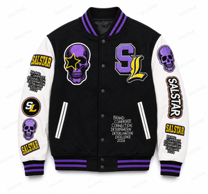 Veste universitaire personnalisée pour homme, veste bomber de baseball noire et violette avec broderie de crâne | Fabricant en gros OEM/ODM - Product Image 1