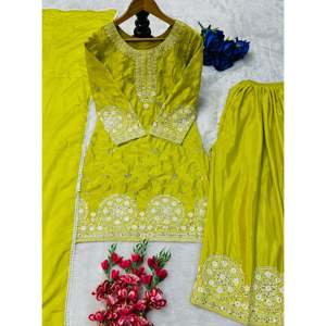 ชุดเสื้อและกางเกงขายาวสีเหลืองสวยงามสำหรับผู้หญิง ยี่ห้อวาลัม แฟชั่น พร้อมผ้าคลุมไหล่ ไซส์ L สำหรับงานปาร์ตี้ - Product Image 5