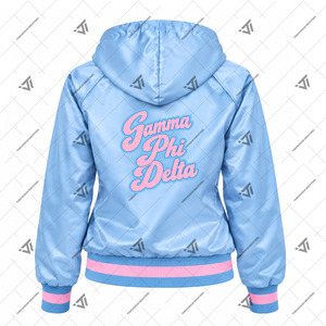 Chaqueta Bomber con Capucha Bordada en Satén Personalizada de la Hermandad Griega Gamma Phi Delta |   Chaqueta Deportiva a Rayas Resistente al Viento - Product Image 3
