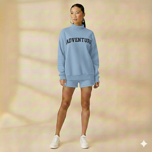 Street And Casual Wear Women Mockneck And Shorts <b>Set</b> 100% Cotton Material Soft Knitted Customized Logo Printing - Product Image 1