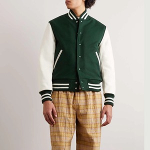 Men's Green Varsity Jacket White Sleeve Preppy Style Regular Fit Button Closure Turn-down Collar Autumn <b>Wool</b> Polyester Front - Product Image 4