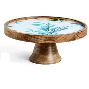 Soporte para servir pasteles de diseño artesanal con forma redonda para fiestas y celebraciones, utensilio de mesa de madera redondo con superficie de mármol. - Product Image 2