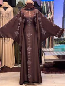 2026 Brown Solid <b>Sequined</b> Handmade Beaded V Neck <b>Flared</b> Hem Breathable Long Sleeve Floor Length Abaya Women's Modest Dress - Product Image 1