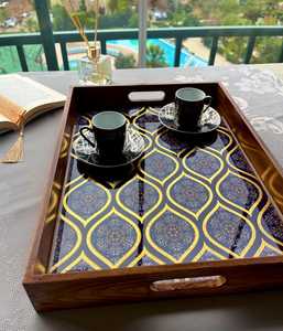 Rectangle Wood Serving Tray Blue Gold Inlay Handpainted Moroccan Pattern Handmade <b>Decorative</b> <b>Plate</b> - Product Image 2