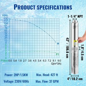 Bomba Sumergible para Pozos Profundos de 2HP/1500W 230V/60Hz para Riego Agrícola, Flujo de 37GPM, Altura de Elevación de 427 pies, Cable Eléctrico de 33 pies, Acero Inoxidable de 4 Pulgadas - Product Image 3