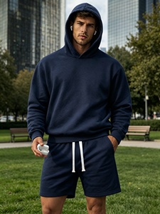 Ensemble sweat-shirt à capuche et short pour homme, bleu marine, décontracté, couleur unie, tissu French Terry, tenue d'été - Product Image 3