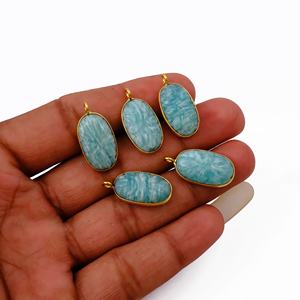 Amazonita natural flor tallada encantos joyería de moda única colgantes bisel conjunto oro forma ovalada joyería de moda única - Product Image 2