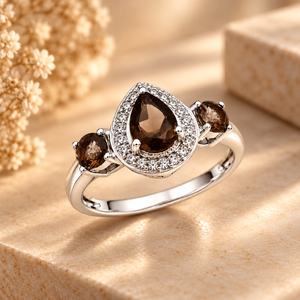Bague Halo en Argent Sterling 925 avec Topaze Fumée Coupe Poire, Bague de Fiançailles Classique pour Femme avec Pierre Précieuse - Product Image 2