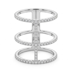 Anillo de oro blanco de 18 quilates al por mayor, diseño de jaula de triple banda, con múltiples filas de diamantes, escalera geométrica, anillo llamativo, OEM personalizado - Product Image 1