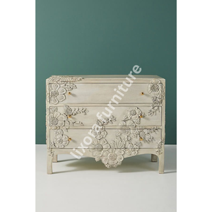 Commode de luxe artisanale en bois massif à 3 tiroirs, avec relief floral végétal orné, finition blanc antique - Product Image 2