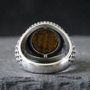 <b>Solid</b> 925 Sterling <b>Silver</b> 12mm Round Shape Tiger Eye Gemstone Snake Skin Texture Signet Men's Ring Bezel Setting Gift For Him - Product Image 3