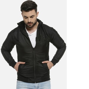 Blouson bomber à capuche en PU noir pour homme, fermeture éclair sur le devant, couleur unie, coupe-vent, vêtement d'automne, coupe classique - Product Image 1