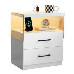 White Adjustable <b>LED</b> Nightstand with 2 Drawers <b>Bedside</b> <b>Table</b> with Various Light Colors - Product Image 1