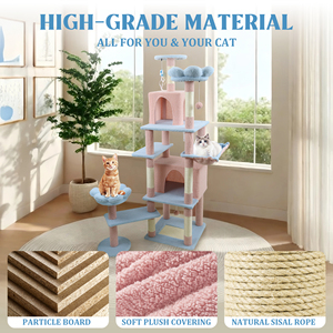 Arbre à chat multi-niveaux en jute et sisal bleu et rose avec griffoir, meuble d'intérieur pour animaux de compagnie, grand condo amovible - Product Image 6
