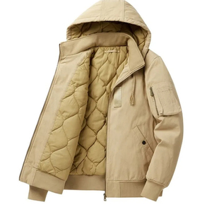Chaqueta Bomber Beige con Capucha en Oferta, Chaqueta Casual Cortavientos con Cremallera, Chaqueta Gruesa de Lona, Ropa de Abrigo de Color Sólido, Chaquetas de Corte Regular - Product Image 2
