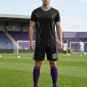 OEM Custom logo Black Soccer Uniform Set Diamond Texture Sublimated Football Jersey & shorts - <b>Athletic</b> sportswear - Product Image 4