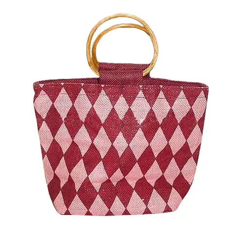 Wooden Round Shape Cane Handle & Printed Design Pattern PP Laminated Jute Shopping Tote Bag