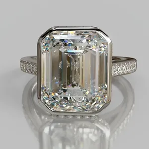 Tishya Diamond 5.20 TCW <b>Emerald</b> Cut Three Stone Bezel Setting IGI Certified Vintage Engagement <b>Ring</b> 14K White Gold <b>Silver</b> Plated - Product Image 1