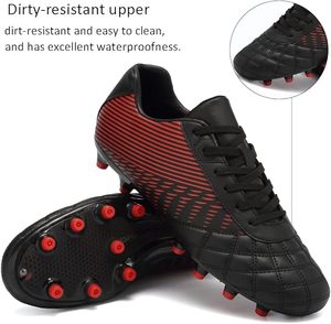 Chaussures de football pour hommes, noires et rouges à rayures, à lacets, avec empeigne synthétique, semelle extérieure en caoutchouc, respirantes, pour sports de plein air - Product Image 2