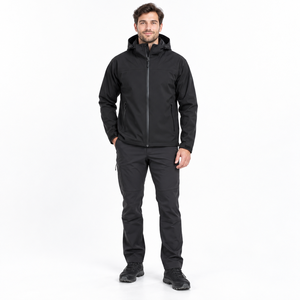 2026 Men's <b>Black</b> <b>Hooded</b> Windproof Softshell Jacket <b>With</b> Full Zipper Closure Casual Outdoor Wear Winter <b>Coat</b> Stand Collar Jacket - Product Image 1