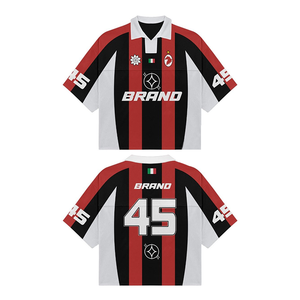 Maillot de football pour homme de la marque BRAND, rayé rouge et noir, manches courtes, col rabattu, respirant, en polyester, vêtements de sport pour adultes, toutes saisons - Product Image 1